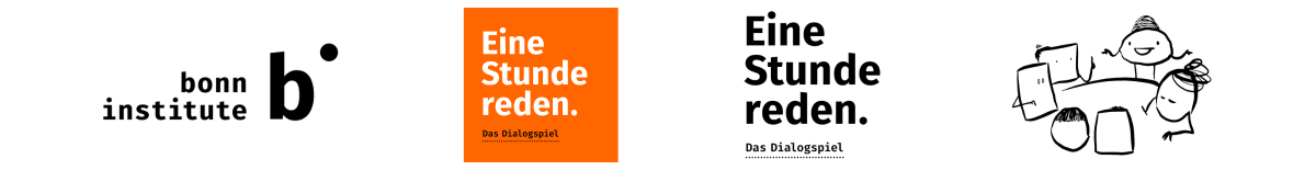 Vier Logos in einem Bild: Bonn Institute, Eine Stunde reden in Orange, Eine Stunde reden in Schwarz/Weiß und die Eine Stunde reden Illustration