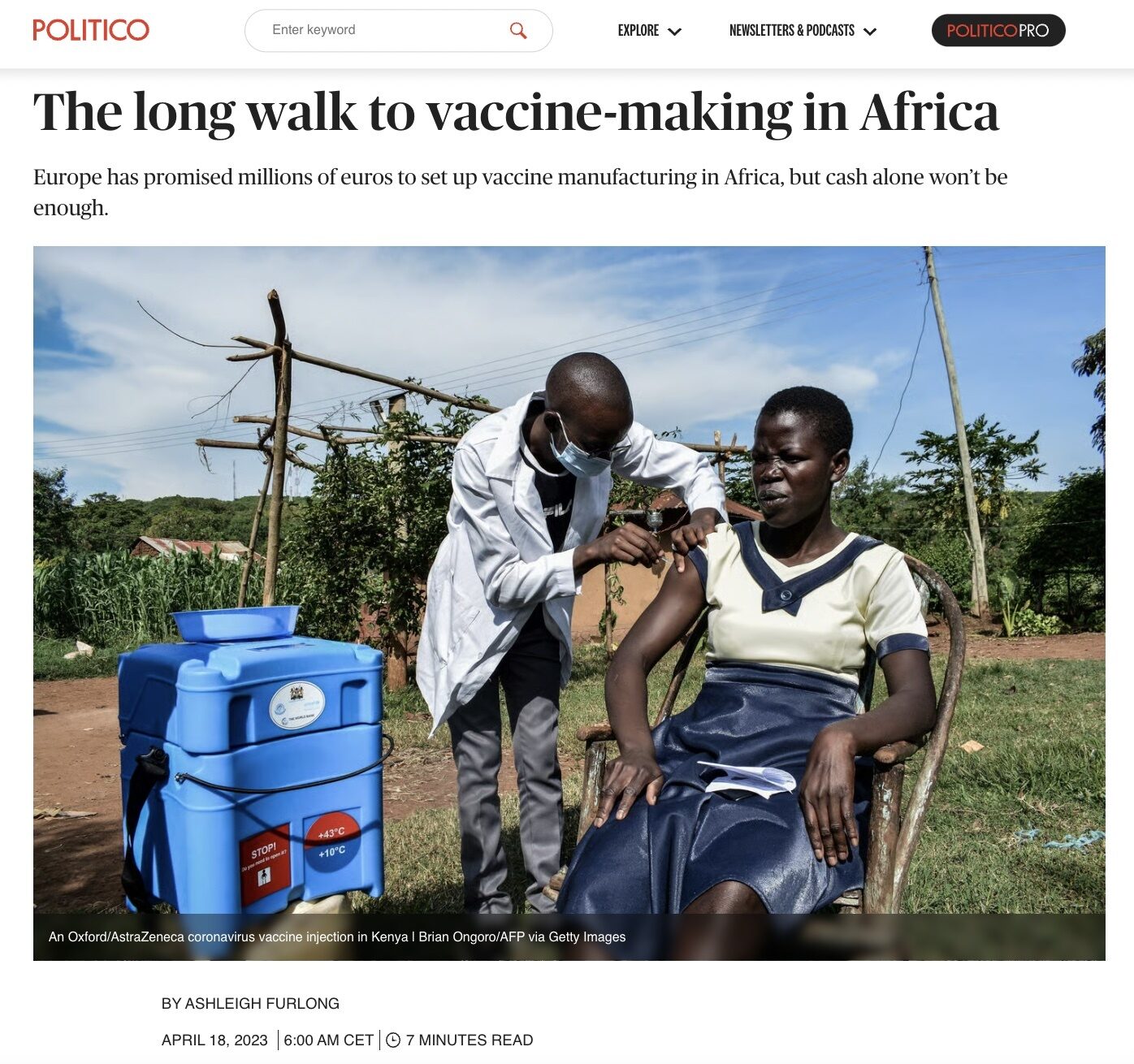 Screenshot des Politico Artikels “The long walk to vaccine-making in Africa”