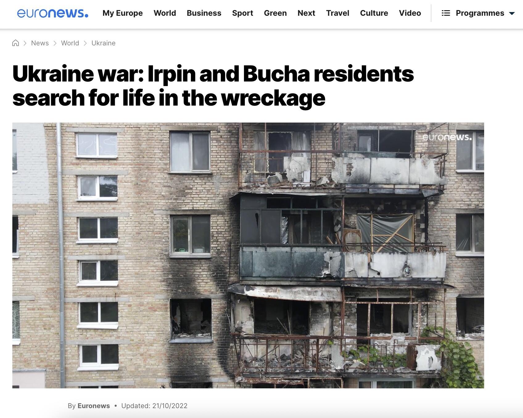 Screenshot aus dem Euronews Video, “Ukraine war: Irpin and Bucha residents search for life in the wreckage”, aufgenommen am 25. Juli 2023.