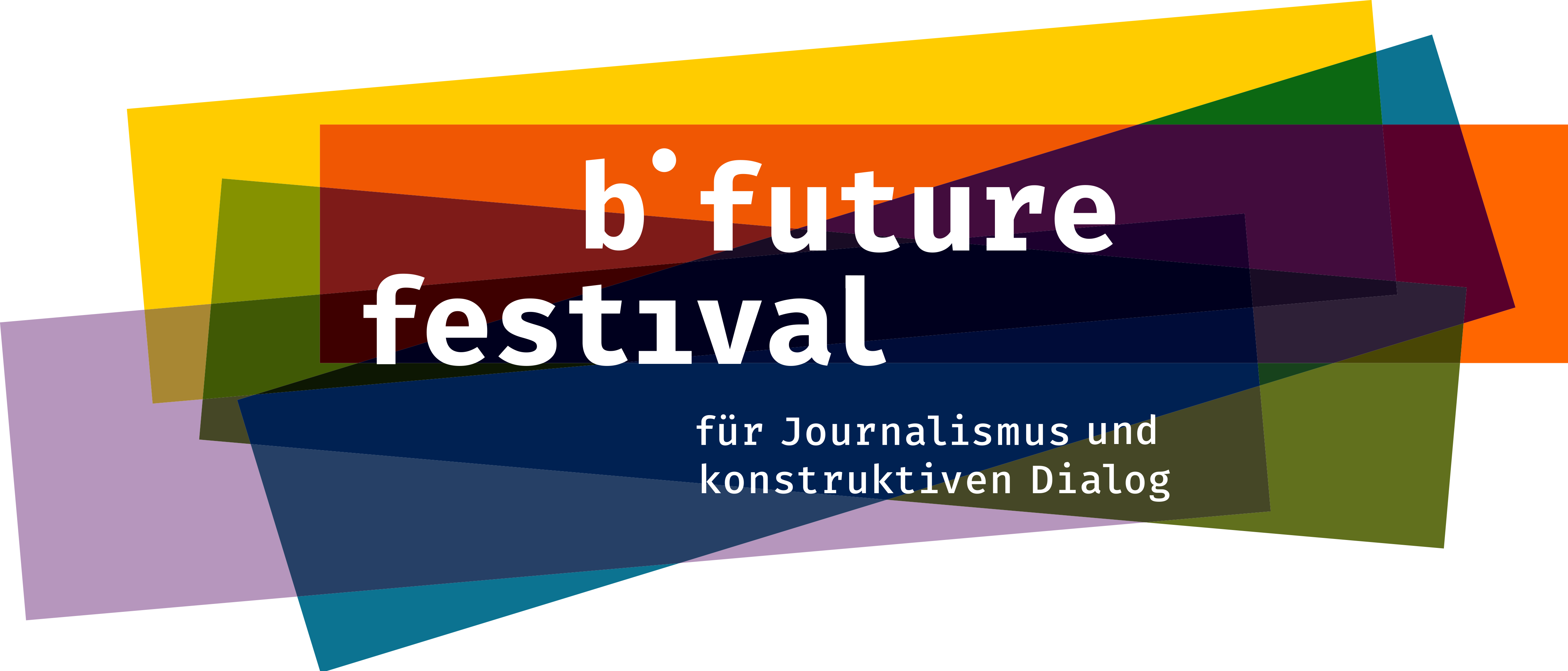 offizielles b future festival Logo mit weißer Schrift auf schiefangeordneten Rechtecken mit den Farben: gelb, orange, grün, blau und ein helles lila.