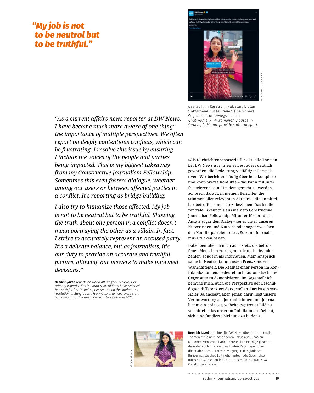 A page from the Bonn Institute magazine featuring an interview from a woman and her photo