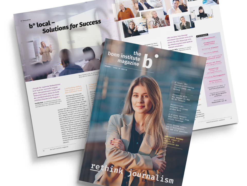 The cover of the first issue of the bonn institute magazine in front of an open page spread